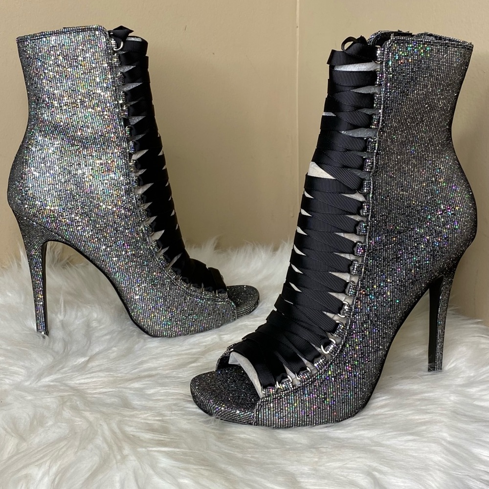 Steve Madden Iridescent Glitter Lace-Up Peep-Toe Stiletto Booties - Black Ribbon - Picture 7 of 9